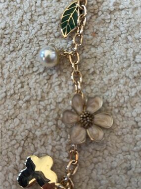 Gold Floral Charm Bracelet with Pearl and Green Enamel Leaf